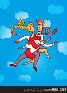 Cartoon illustration of an extremely bonded couple tangled merged in love