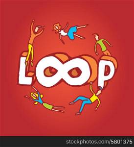 Cartoon illustration of an infinite loop word with people floating around