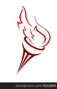 Cartoon illustration of an Olympic torch with a burning flame blowing in the wind in shades of red over a white background