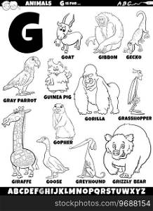 Cartoon illustration of animal characters set for letter G coloring page