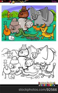 Cartoon Illustration of Animals in the Wild Coloring Book Activity