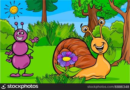 Cartoon Illustration of Ant Insect and Snail Animal Characters