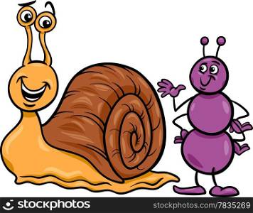 Cartoon Illustration of Ant Insect and Snail Characters