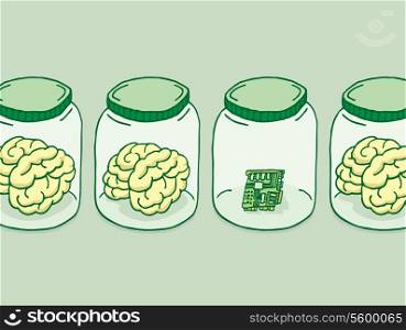 Cartoon illustration of artificial intelligence besides brains in jars