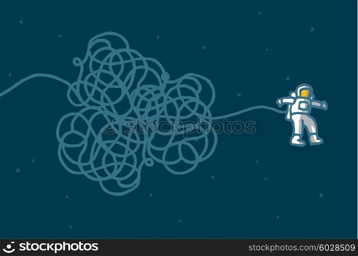 Cartoon illustration of astronaut with tangled line floating in space