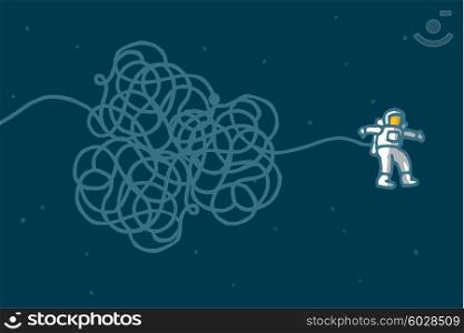 Cartoon illustration of astronaut with tangled line floating in space