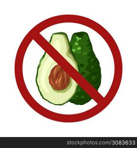 Cartoon illustration of avocado in prohibition sign isolated from background. Ban for food. Product allergy. Vector color element for menu, recipe, label and your design. Cartoon illustration of avocado in prohibition sign isolated from background. Ban for food. Product allergy. Vector color element