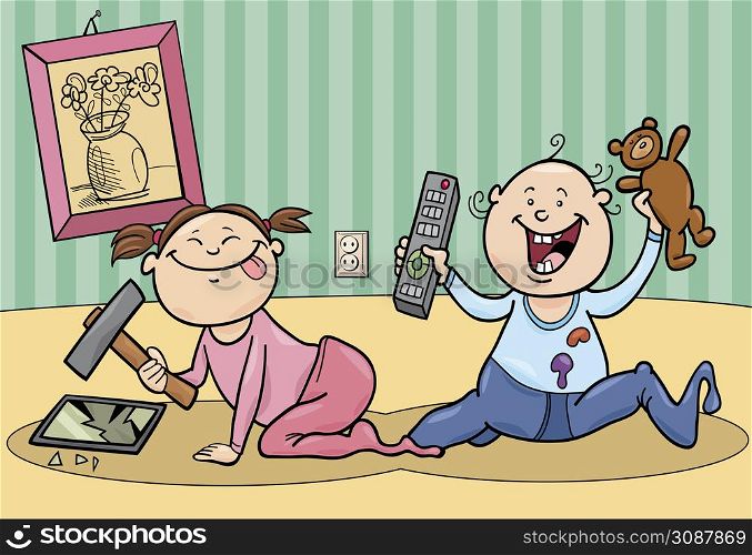 Cartoon illustration of baby girl and boy playing and making a mess