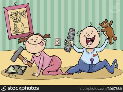 Cartoon illustration of baby girl and boy playing and making a mess