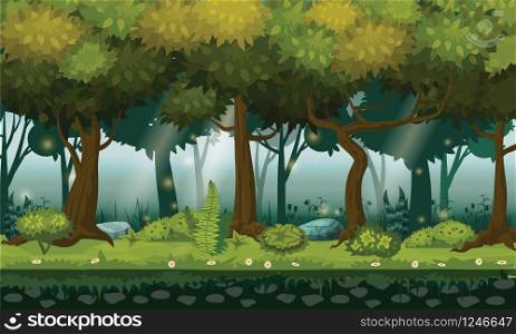 Cartoon illustration of background forest. Bright forest woods, silhouttes, trees with bushes, ferns and flowers. Cartoon illustration of background forest. Bright forest woods, silhouttes, trees with bushes, ferns and flowers. For design game, apps, websites. Vector, cadroon style, isolated