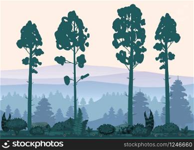 Cartoon illustration of background forest. Bright forest woods, silhouttes, trees with bushes, ferns and flowers. Cartoon illustration of background forest. Bright forest woods, silhouttes, trees with bushes, ferns and flowers. For design game, apps, websites. Vector, cadroon style, isolated