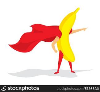 Cartoon illustration of banana super hero saving the day