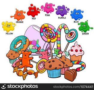 Cartoon Illustration of Basic Colors Educational Worksheet with Candies and Sweet Food Objects Group
