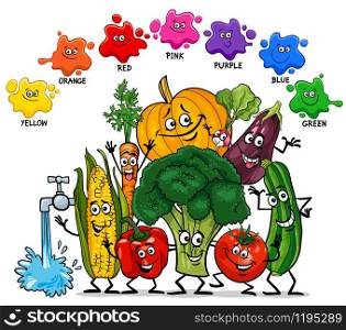 Cartoon Illustration of Basic Colors Educational Worksheet with Fresh Vegetables Food Characters Group