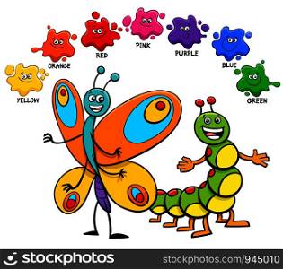 Cartoon Illustration of Basic Colors Educational Worksheet with Funny Butterfly and Caterpillar Insect Characters