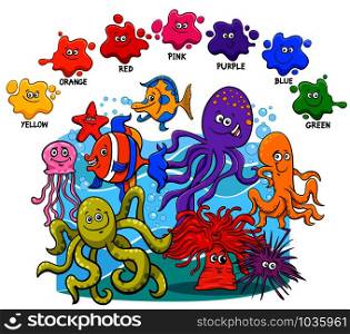 Cartoon Illustration of Basic Colors Educational Worksheet with Funny Sea Life Animals Characters Group