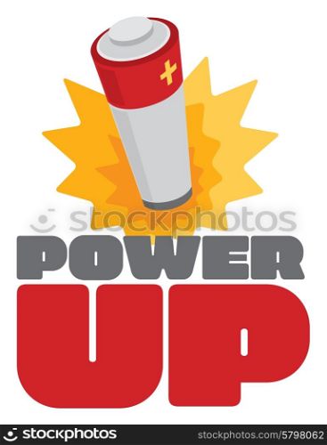 Cartoon illustration of battery energy burst over power up sign