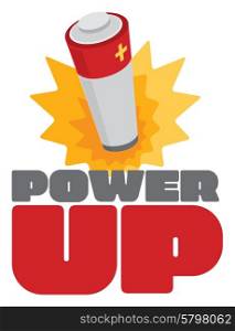 Cartoon illustration of battery energy burst over power up sign
