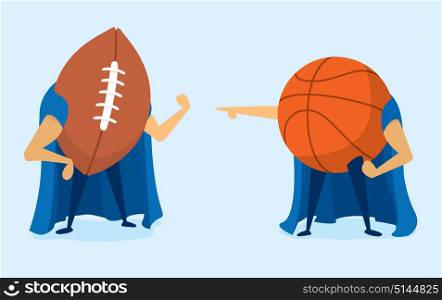 Cartoon illustration of battle between football and basketball