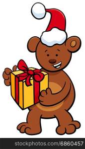 Cartoon Illustration of Bear or Teddy Animal Character with Present on Christmas Time