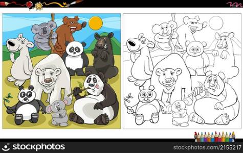 Cartoon illustration of bears group animal characters coloring book page