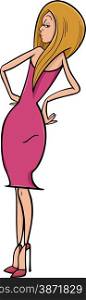 Cartoon Illustration of Beautiful Sexy Woman in Pink Dress
