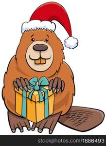 Cartoon illustration of beaver animal character with present on Christmas time