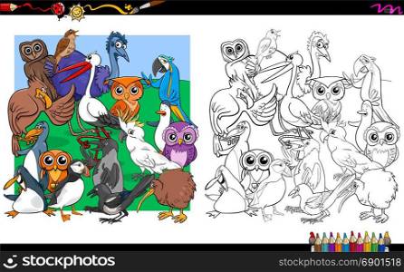 Cartoon Illustration of Bird Animals Characters Group Coloring Book Activity