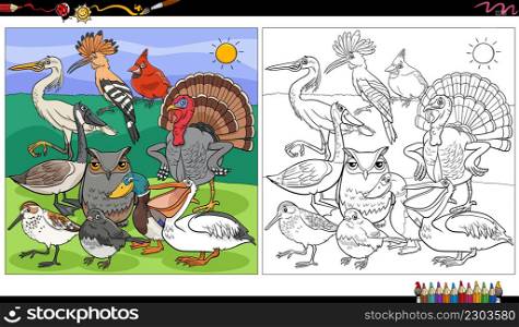 Cartoon illustration of birds animal characters coloring book page