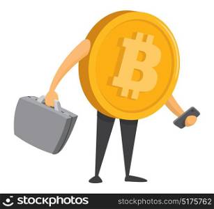 Cartoon illustration of bitcoin currency ready for business
