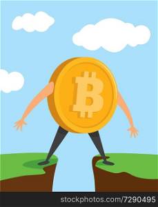 Cartoon illustration of bitcoin currency standing between cliffs