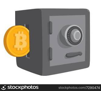 Cartoon illustration of bitcoin money or savings entering safe