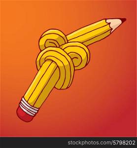Cartoon illustration of black pencil tangled in a knot