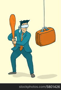 Cartoon illustration of blindfolded businessman ready to strike a portfolio pinata