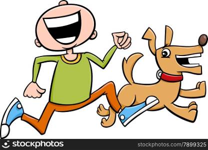 Cartoon Illustration of Boy Running with Puppy Pet