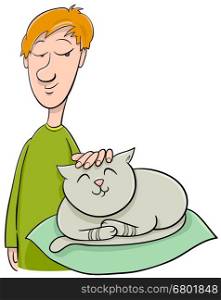Cartoon Illustration of Boy Stroking his Pet Cat