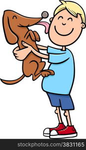 Cartoon Illustration of Boy with Dog or Puppy