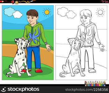 Cartoon illustration of boy with his dog coloring book page