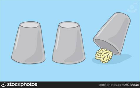 Cartoon illustration of brain hiding under cups game