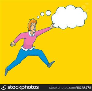Cartoon illustration of brave man jumping catching his dreams or thoughts