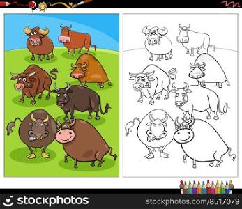 Cartoon illustration of bulls farm animal characters in the meadow coloring page