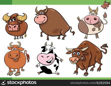 Cartoon illustration of bulls farm animals comic characters set