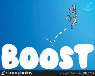 Cartoon illustration of businessman bouncing on boost word