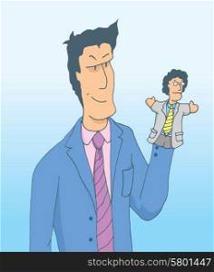 Cartoon illustration of businessman using a puppet or manipulating a colleague