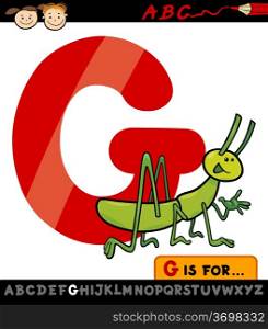 Cartoon Illustration of Capital Letter G from Alphabet with Grasshopper for Children Education