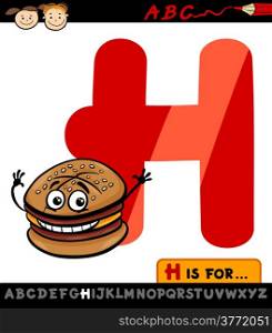 Cartoon Illustration of Capital Letter H from Alphabet with Hamburger for Children Education