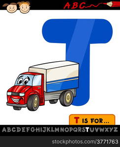 Cartoon Illustration of Capital Letter T from Alphabet with Truck for Children Education