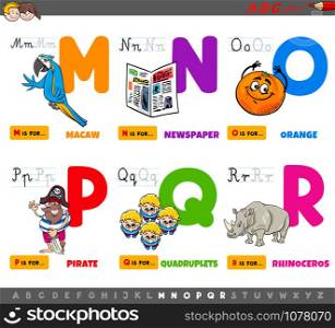 Cartoon Illustration of Capital Letters Alphabet Educational Set for Reading and Writing Practise for Elementary Age Children from M to R
