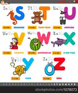 Cartoon Illustration of Capital Letters Alphabet Educational Set for Reading and Writing Practise for Elementary Age Children from S to Z