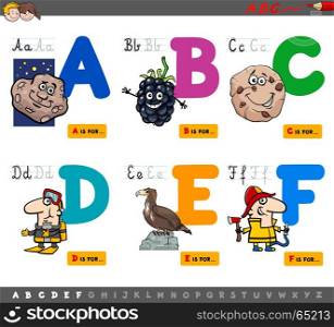 Cartoon Illustration of Capital Letters Alphabet Educational Set for Reading and Writing Learning for Children from A to F